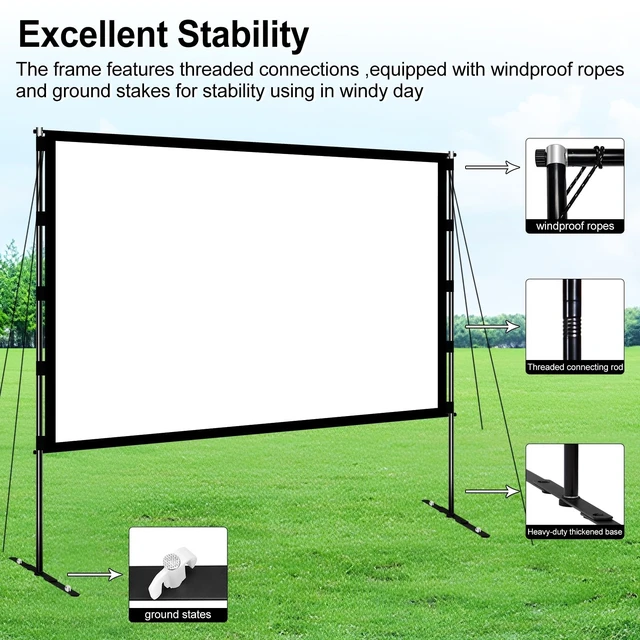 Alt view image 5 of 5 - 100 Inch Portable Projector Screen with Stand,16:9 4K HD Anti-Crease Projection Screen,Indoor Outdoor Movie Screen with Carry Bag,Wind Ropes & Ground Stakes for Backyard Camping Travel Home Theater