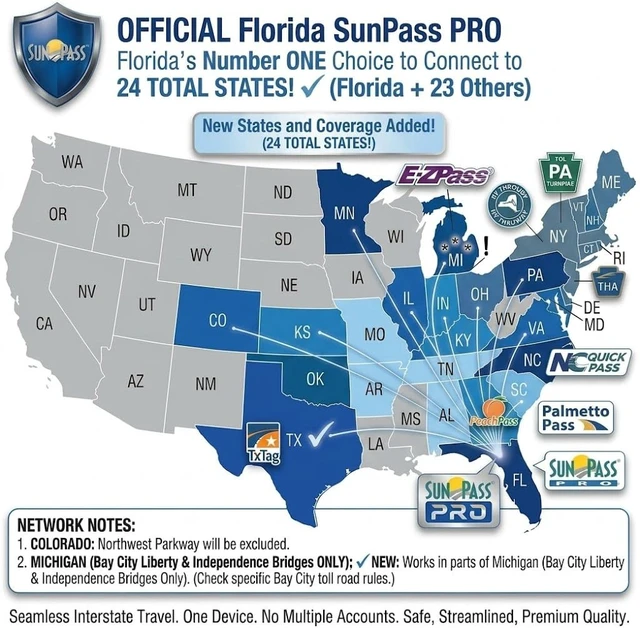 Alt view image 2 of 5 - Sunpass Sun Pass Toll Transponder - Prepaid Electronic Toll Pass for Florida + 23 Additional States, E-ZPass Compatible, No-Stop Automatic Toll Payment Device for Cars, Travel & Rental