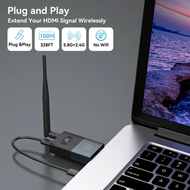 Alt view image 2 of 5 - Wireless HDMI Transmitter and Receiver, 330FT/100M Wireless HDMI Extender for 4K Decode Input 1080P@60Hz Output, Plug&Play Portable 2.4G+5.8G for Video and Audio to Monitor from PC/Proje