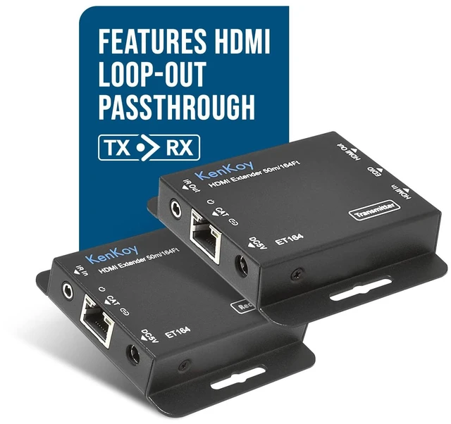 Alt view image 3 of 5 - HDMI Extender Balun Over Cat6/Cat5e up to 165' by KenKoy - up to 1080p with HDMI Loop-Out on Transmitter & IR Extension (ET164)