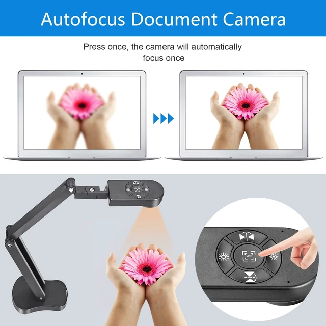 Alt view image 5 of 5 - 4K USB Document Camera for Teacher, 8MP Webcam & Visualiser for A3 Size with Dual Microphones, 3-Level LED Light, Image Invert, Foldable for Live Demo, Work with Windows, macOS and Chrome OS