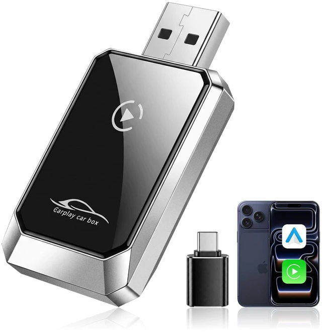 Main image of Wireless CarPlay Adapter for iPhone, 2-in-1 CarPlay & Android Auto Adapter, Converts Factory Wired CarPlay and Android Auto to Wireless, Auto Reconnect, USB-A Plug with USB-C Adapter, Si