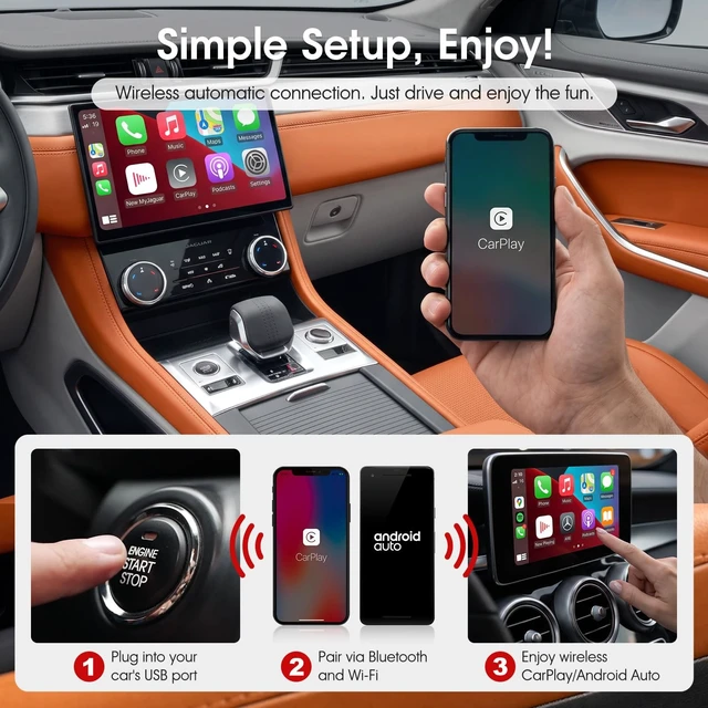 Alt view image 4 of 5 - Wireless CarPlay Adapter for iPhone, 2-in-1 CarPlay & Android Auto Adapter, Converts Factory Wired CarPlay and Android Auto to Wireless, Auto Reconnect, USB-A Plug with USB-C Adapter, Si