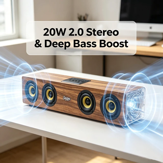 Alt view image 2 of 5 - SDGSQHA Retro Wooden Bluetooth 5.3 Portable Soundbar Speaker, 20W 2.0 Stereo with Bass Boost, TWS Pairing, USB/TF/AUX/FM Radio, for PC, Monitor, Laptop, Tablet & Smartphone