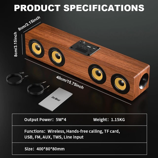 Alt view image 4 of 5 - SDGSQHA Retro Wooden Bluetooth 5.3 Portable Soundbar Speaker, 20W 2.0 Stereo with Bass Boost, TWS Pairing, USB/TF/AUX/FM Radio, for PC, Monitor, Laptop, Tablet & Smartphone