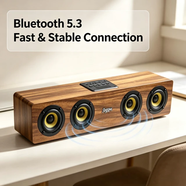 Alt view image 5 of 5 - SDGSQHA Retro Wooden Bluetooth 5.3 Portable Soundbar Speaker, 20W 2.0 Stereo with Bass Boost, TWS Pairing, USB/TF/AUX/FM Radio, for PC, Monitor, Laptop, Tablet & Smartphone