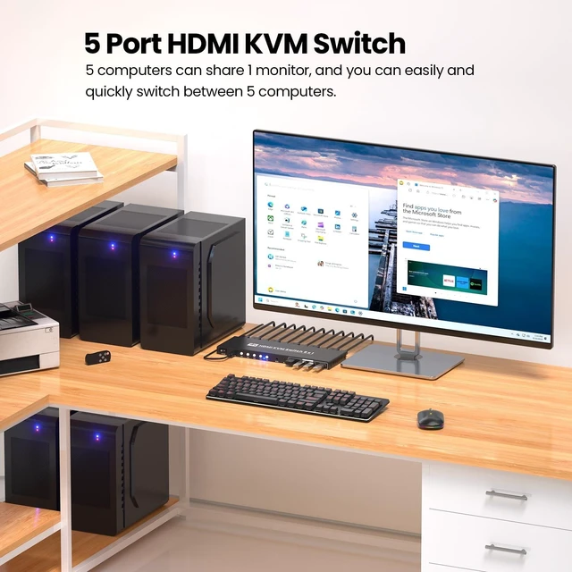 Alt view image 2 of 5 - 5 Port HDMI KVM Switch, 4K@60Hz USB 3.0 KVM Switch 1 Monitor 5 Computers for Operating 5 PCs with One Keyboard, Mouse and Monitor