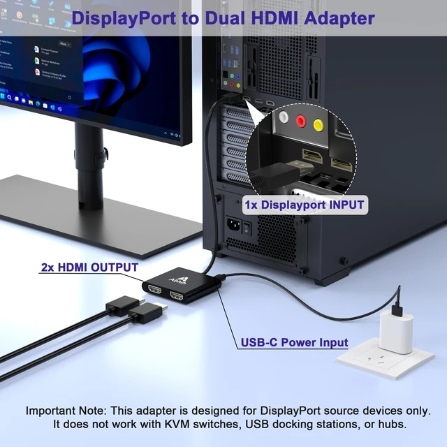 Alt view image 4 of 5 - DisplayPort to Dual HDMI Adapter, DisplayPort Splitter for Dual Monitors