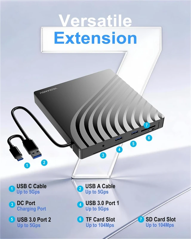 Alt view image 3 of 5 - External CD DVD Drive, 7-in-1 USB 3.0 CD/DVD Drive Burner with 2 USB and 2 TF/SD Card Ports, Portable DVD CD+/-RW Player Reader Writer Recorder for Laptop, Desktop, Mac, Windows 11/10/8/7, Linux