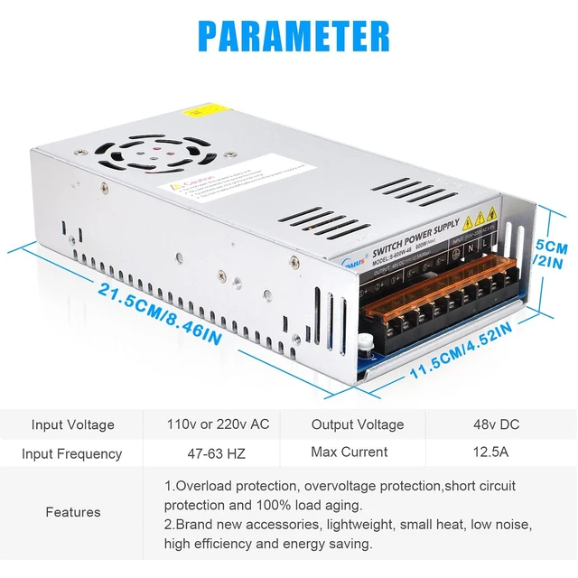 Alt view image 2 of 5 - Daedalus 48V DC Switching Power Supply AC to DC Power Converter, 600W, 12.5A