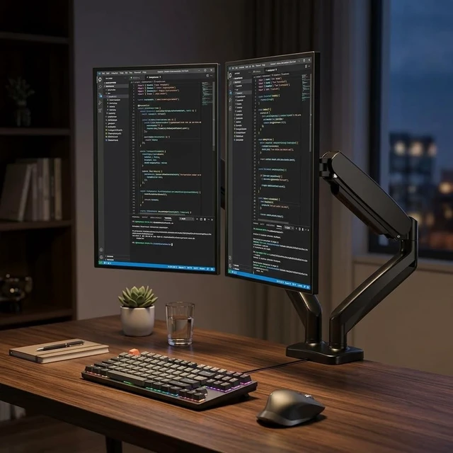 Alt view image 4 of 5 - Relyblo Dual Monitor Desk Mount, Fully Adjustable Dual Arm Monitor Stand with C-Clamp and Grommet Base, VESA 75x75mm & 100x100mm Compatible, Fits 13-32 Inch Screens, Black