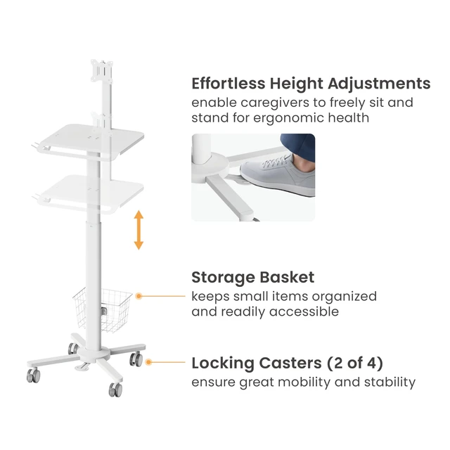 Alt view image 3 of 5 - MB-C13-2 Lightweight Medical Trolley Cart for 17" to 32" Monitor with Keyboard Table, Basket, Scanner Holder for Hospital Clinic Dental Office Home Office ^^ Height Adjustable Mobile Workstation