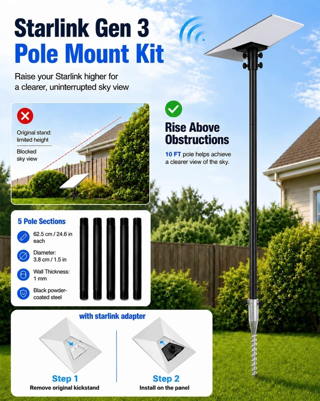 Alt view image 3 of 5 - 10Ft Pole Mount Kit Compatible with Starlink Gen 3 for RV&Outdoor