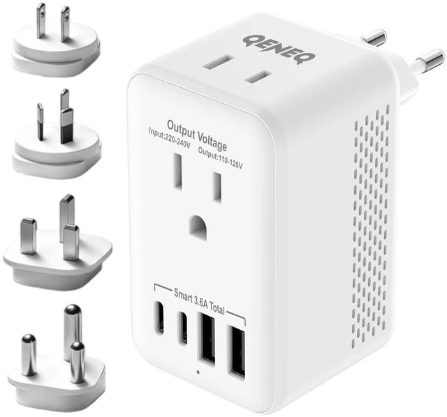 Main image of QENEQ International Travel Adapter 220V-110V Voltage Converter EU/UK/US Travel Plug All in One with USB A USB C Power Outlet for Europe USA UK AUS Asia