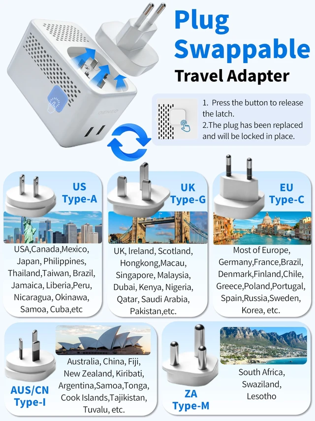 Alt view image 3 of 5 - QENEQ International Travel Adapter 220V-110V Voltage Converter EU/UK/US Travel Plug All in One with USB A USB C Power Outlet for Europe USA UK AUS Asia