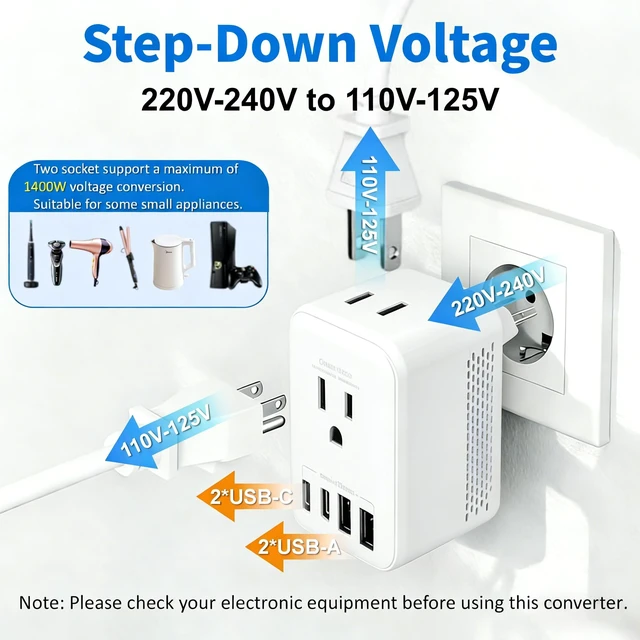 Alt view image 4 of 5 - QENEQ International Travel Adapter 220V-110V Voltage Converter EU/UK/US Travel Plug All in One with USB A USB C Power Outlet for Europe USA UK AUS Asia