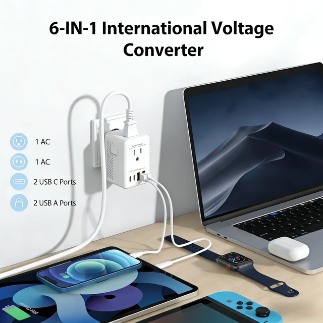 Alt view image 2 of 5 - QENEQ International Travel Adapter 220V-110V Voltage Converter EU/UK/US Travel Plug All in One with USB A USB C Power Outlet for Europe USA UK AUS Asia