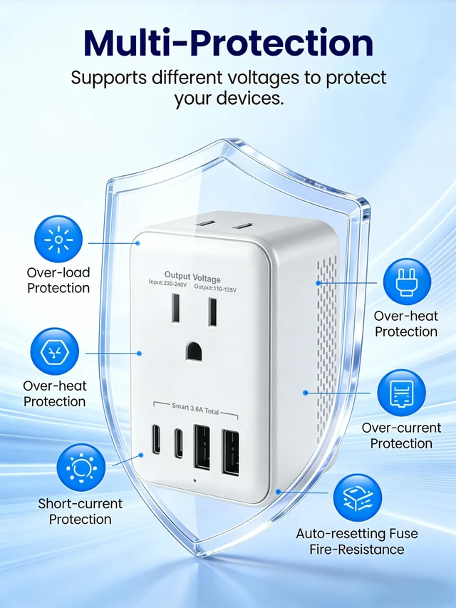 Alt view image 5 of 5 - QENEQ International Travel Adapter 220V-110V Voltage Converter EU/UK/US Travel Plug All in One with USB A USB C Power Outlet for Europe USA UK AUS Asia