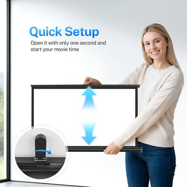 Alt view image 4 of 5 - 40 inch Small Projector Screen, Goldengrainv Retractable Pull Up Screen, Floor Projector Screen, 16:9 4K Portable Screen for Projector, Roll Down Movie Screen for Gaming Indoor, Mini White Screen