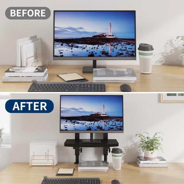 Alt view image 2 of 5 - Mu Guang Adjustable Clamp-On Monitor Riser for Desk, Height Adjustable Monitor Stand with Space-Saving Design, Black MDF Shelf for Home Office, Workstation, and Study Setup (Black)