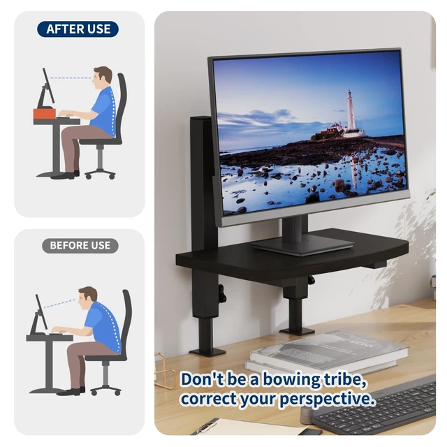 Alt view image 3 of 5 - Mu Guang Adjustable Clamp-On Monitor Riser for Desk, Height Adjustable Monitor Stand with Space-Saving Design, Black MDF Shelf for Home Office, Workstation, and Study Setup (Black)