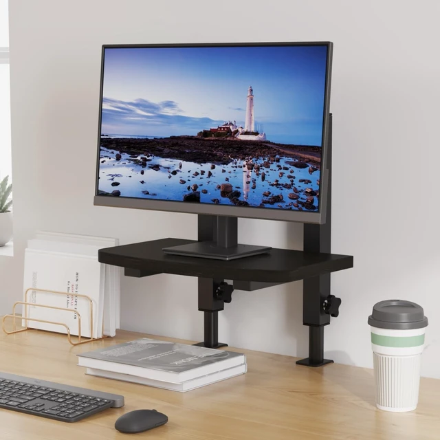 Alt view image 5 of 5 - Mu Guang Adjustable Clamp-On Monitor Riser for Desk, Height Adjustable Monitor Stand with Space-Saving Design, Black MDF Shelf for Home Office, Workstation, and Study Setup (Black)