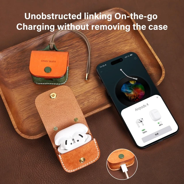Alt view image 2 of 5 - Handmade Full-Grain Leather Case for AirPods 4, Golden Brown