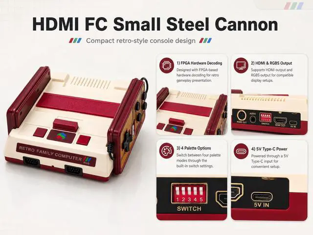 Alt view image 5 of 7 - "FC Little Powerhouse"an FPGA-based retro game console featuring HDMI and RGB output, a plug-and-play wired design, and compatibility with classic game cartridges and various memory cards.