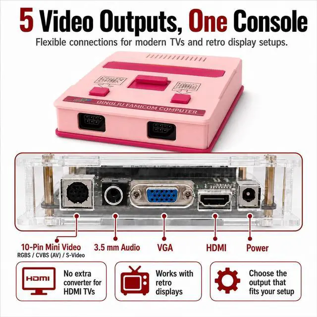Alt view image 6 of 6 - NES Retro Game Console - 2 Controllers Power ArcadeRetro Arcade HDMI VGA RGBS S-Video AV Output Ports Electronic Gift set new retro game console Transparent Acrylic