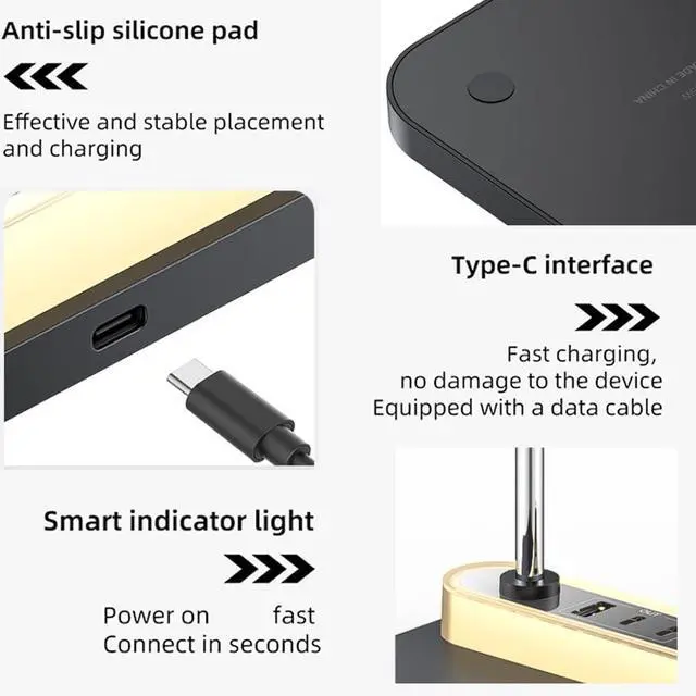 Alt view image 6 of 7 - 4-in 1 Magnetic Wireless Charging Station with Night Light, 15W Fast Mag-Safe Charge for iPhone 16/15/14/13/12 & AirPods, 3-Port Hub (2xType-C, 1xUSB) for Home, Office, Hotel