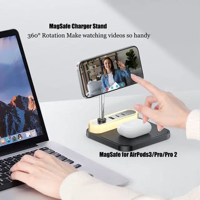 Alt view image 5 of 7 - 4-in 1 Magnetic Wireless Charging Station with Night Light, 15W Fast Mag-Safe Charge for iPhone 16/15/14/13/12 & AirPods, 3-Port Hub (2xType-C, 1xUSB) for Home, Office, Hotel
