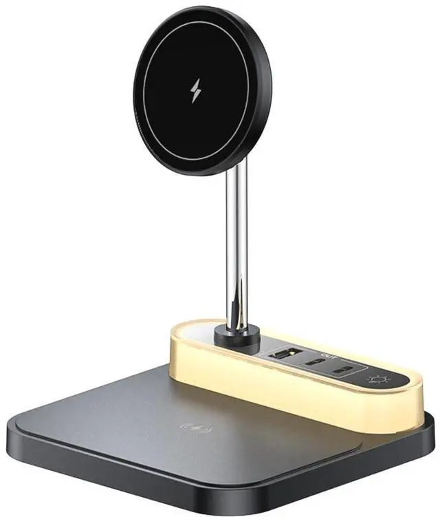 Main image of 4-in 1 Magnetic Wireless Charging Station with Night Light, 15W Fast Mag-Safe Charge for iPhone 16/15/14/13/12 & AirPods, 3-Port Hub (2xType-C, 1xUSB) for Home, Office, Hotel
