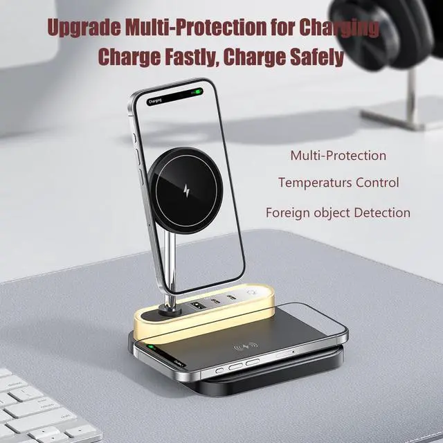 Alt view image 2 of 7 - 4-in 1 Magnetic Wireless Charging Station with Night Light, 15W Fast Mag-Safe Charge for iPhone 16/15/14/13/12 & AirPods, 3-Port Hub (2xType-C, 1xUSB) for Home, Office, Hotel
