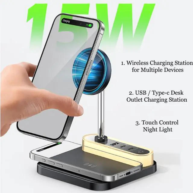 Alt view image 3 of 7 - 4-in 1 Magnetic Wireless Charging Station with Night Light, 15W Fast Mag-Safe Charge for iPhone 16/15/14/13/12 & AirPods, 3-Port Hub (2xType-C, 1xUSB) for Home, Office, Hotel