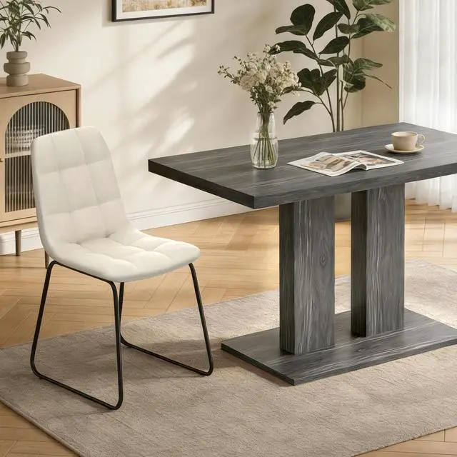 Alt view image 3 of 7 - Dining Table Set for 4-6 People, 46 Inch Modern MDF Oak Kitchen Table with 4 Faux Leather Chairs, Rectangular Dining Room Table Set for Home, Small Spaces, Dark Gray Table + 4 Beige Chairs