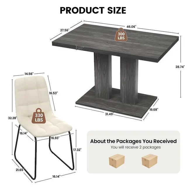 Alt view image 2 of 7 - Dining Table Set for 4-6 People, 46 Inch Modern MDF Oak Kitchen Table with 4 Faux Leather Chairs, Rectangular Dining Room Table Set for Home, Small Spaces, Dark Gray Table + 4 Beige Chairs