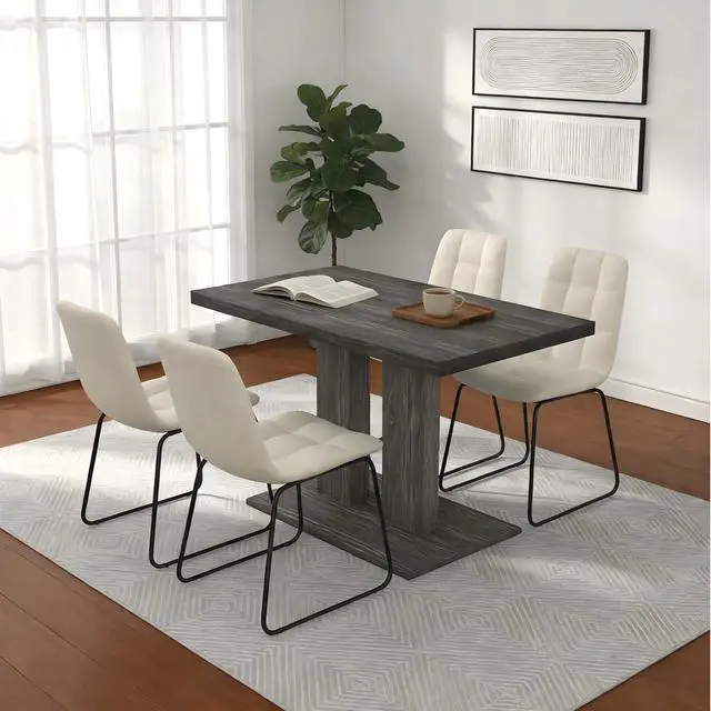 Alt view image 7 of 7 - Dining Table Set for 4-6 People, 46 Inch Modern MDF Oak Kitchen Table with 4 Faux Leather Chairs, Rectangular Dining Room Table Set for Home, Small Spaces, Dark Gray Table + 4 Beige Chairs