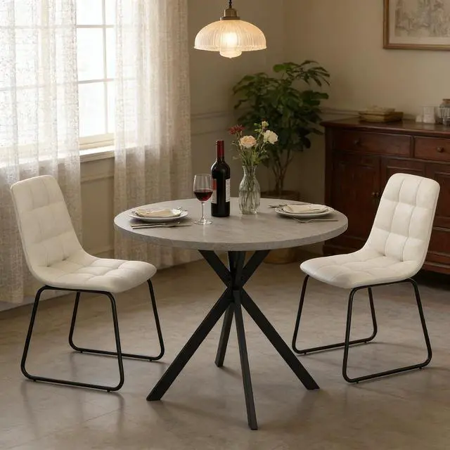 Alt view image 6 of 6 - 31.5" Round Dining Table and Chairs for 2, Mid Century Modern Round Table Set, Space Saving for Apartment Kitchen Dining Room Gray Table +Brown Chairs Gray Table +Beige Chairs