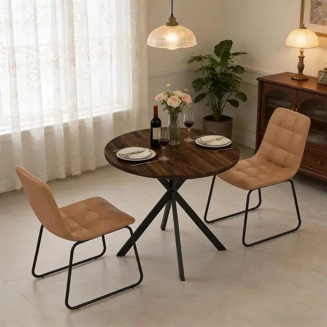 Alt view image 6 of 6 - 31.5" Round Dining Table and Chairs for 2, Mid Century Modern Round Table Set, Space Saving for Apartment Kitchen Dining Room Gray Table +Brown Chairs Walnut Table +Brown Chairs
