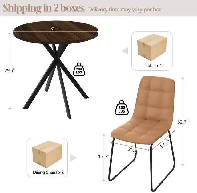 Alt view image 3 of 6 - 31.5" Round Dining Table and Chairs for 2, Mid Century Modern Round Table Set, Space Saving for Apartment Kitchen Dining Room Gray Table +Brown Chairs Walnut Table +Brown Chairs