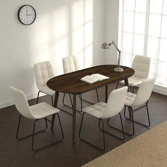 Main image of 63 Inch Dining Table Set for 4 / 6,Modern Wood Dining Table,Leather Dining Chairs 4 / 6,Table and Chairs Set of 4 / 6,Ideal for Kitchen Dining Room Walnut Table With Beige Chairs One Table + 6 Chairs