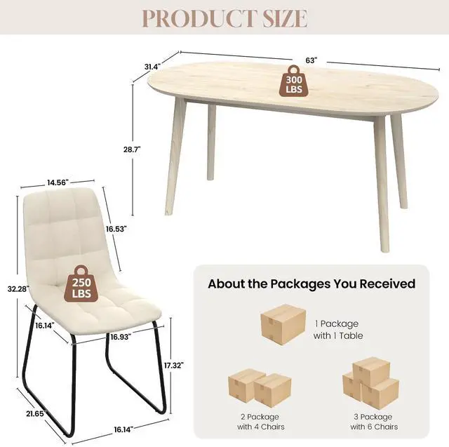 Alt view image 2 of 5 - 63 Inch Dining Table Set for 4 / 6,Modern Wood Dining Table,Leather Dining Chairs 4 / 6,Table and Chairs Set of 4 / 6,Ideal for Kitchen Dining Room