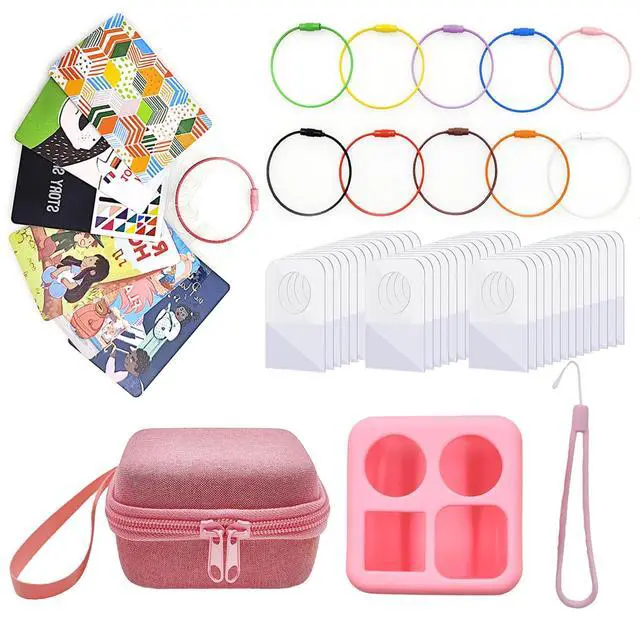 Main image of xcivi Hard Carrying Case, Silicone Skin Cover for YOTO Mini Audio Player, with Card Holder for Yoto Card, Designed for Yoto Cards Rings and Tabs 260PCS Self Adhesive Tabs with 10 Loops (Pink)