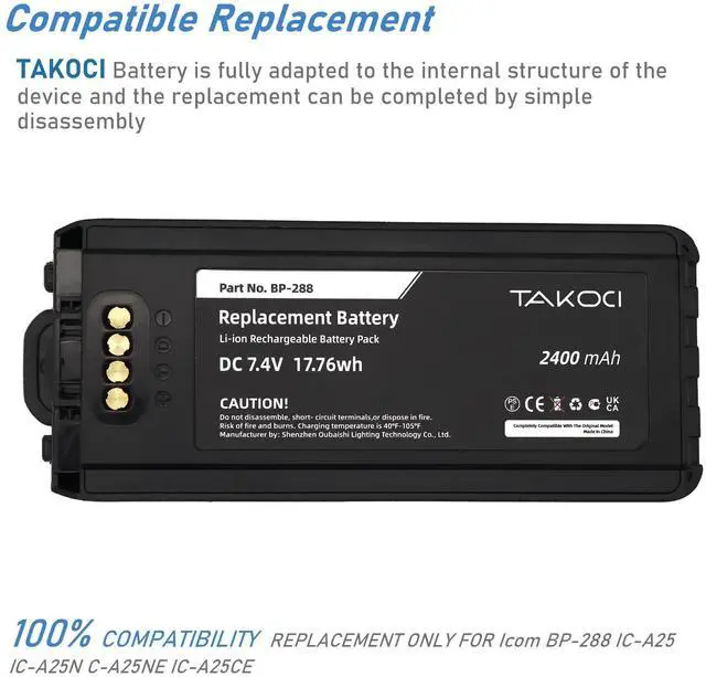 Alt view image 3 of 4 - TAKOCI Replacement Battery for BP-288 IC-A25 IC-A25N IC-A25NE IC-A25CE 2400mAh/7.4V