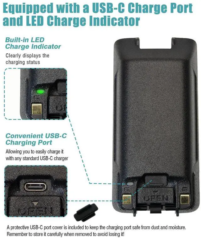 Alt view image 4 of 5 - Accessoryway MD-390 7.4V3600mAh Li-Ion Replacement Battery Pack with USB-C Charging Port, Built-in LED Indicator Compatible with HYT MD-390 and MD-UV390 Plus DMR Two Way Radio