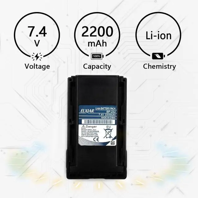 Alt view image 3 of 5 - elxjar (2-Pack) 7.4V 2200mAh BP-232 Li-Ion Battery Replacement for Icom Radios A14 A14S F14 F14S F24 F33GT F43G F43GT F3011 F3021