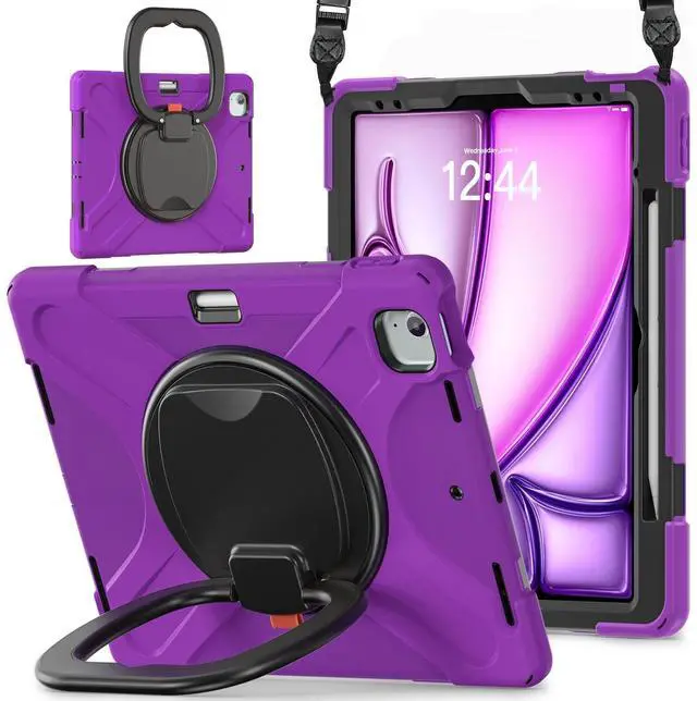 Main image of Batianda Case for iPad Air 11 inch 2025 2024 M3/M2 Chip Heavy Duty Rugged Durability Silicone Tablet Cover with 360 Rotating Ring Foldable Kickstand & Shoulder Strap, Purple