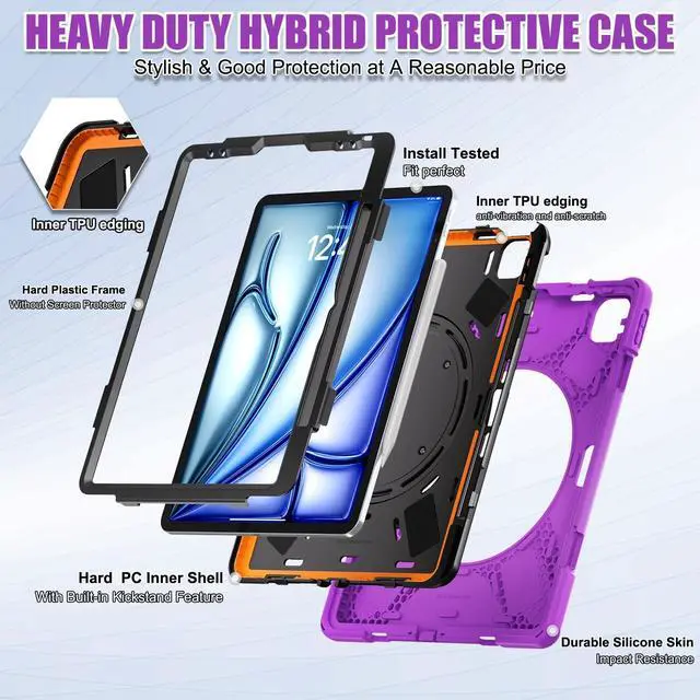 Alt view image 2 of 5 - Batianda Case for iPad Air 11 inch 2025 2024 M3/M2 Chip Heavy Duty Rugged Durability Silicone Tablet Cover with 360 Rotating Ring Foldable Kickstand & Shoulder Strap, Purple