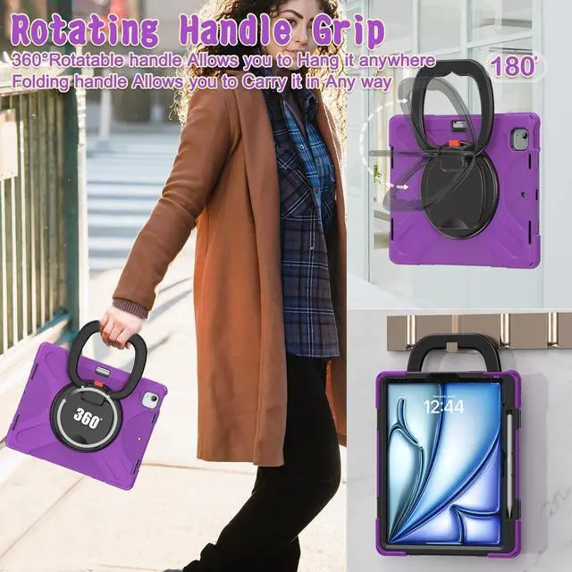 Alt view image 4 of 5 - Batianda Case for iPad Air 11 inch 2025 2024 M3/M2 Chip Heavy Duty Rugged Durability Silicone Tablet Cover with 360 Rotating Ring Foldable Kickstand & Shoulder Strap, Purple