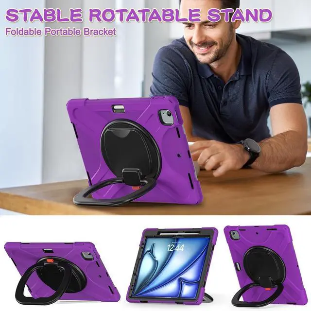 Alt view image 5 of 5 - Batianda Case for iPad Air 11 inch 2025 2024 M3/M2 Chip Heavy Duty Rugged Durability Silicone Tablet Cover with 360 Rotating Ring Foldable Kickstand & Shoulder Strap, Purple